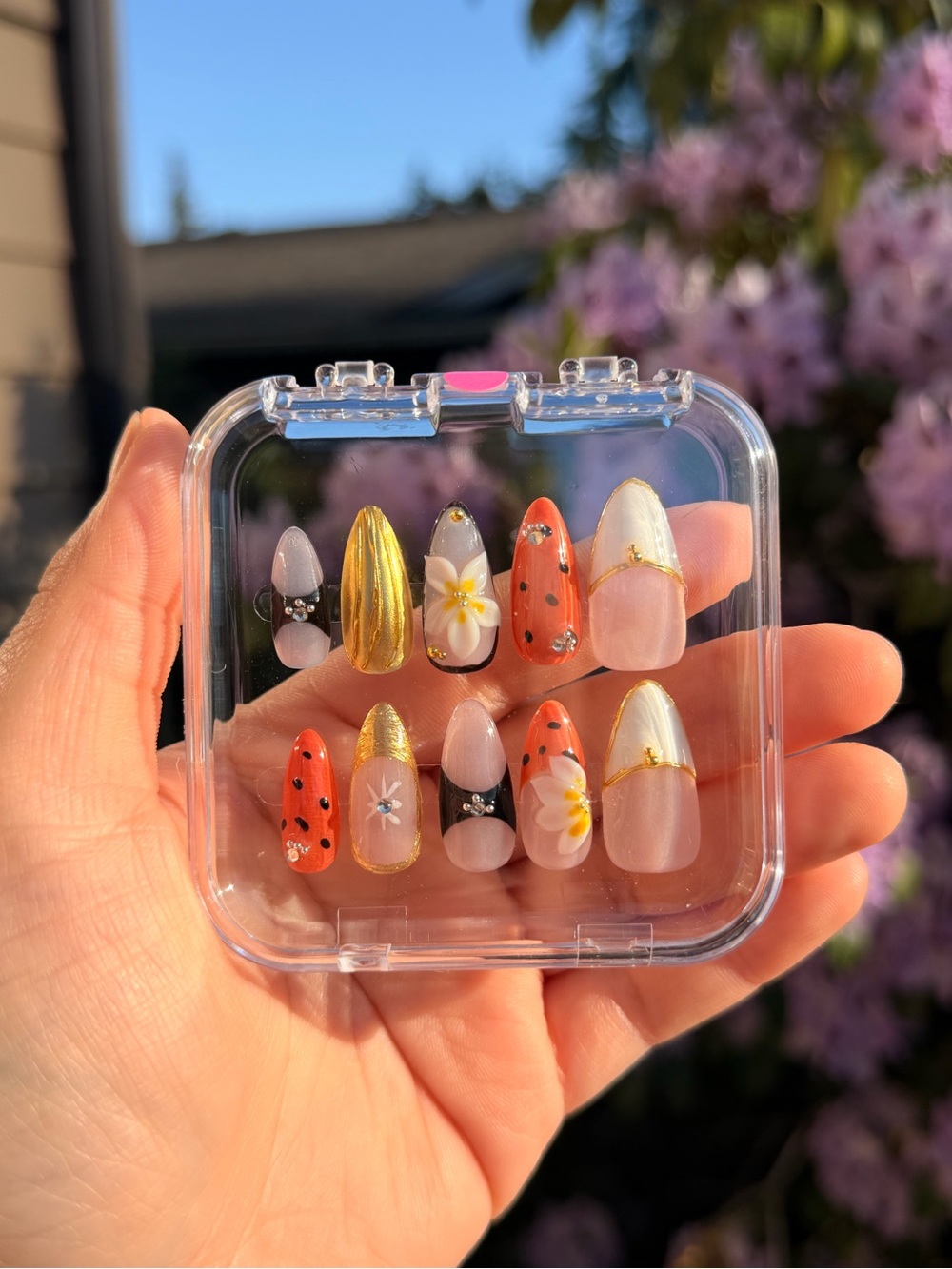 Size Small Classy Black Orange White Floral Gold Y2K Press-On Handmade Nails Set